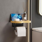 Wall Mounted Toilet Paper Holder with Shelf, Bamboo Wood and Matte Black Metal, 7.08x5.11 Inch Storage Rack for Bathroom
