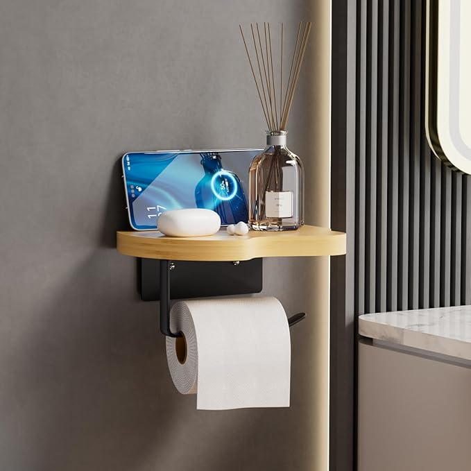 Wall Mounted Toilet Paper Holder with Shelf, Bamboo Wood and Matte Black Metal, 7.08x5.11 Inch Storage Rack for Bathroom