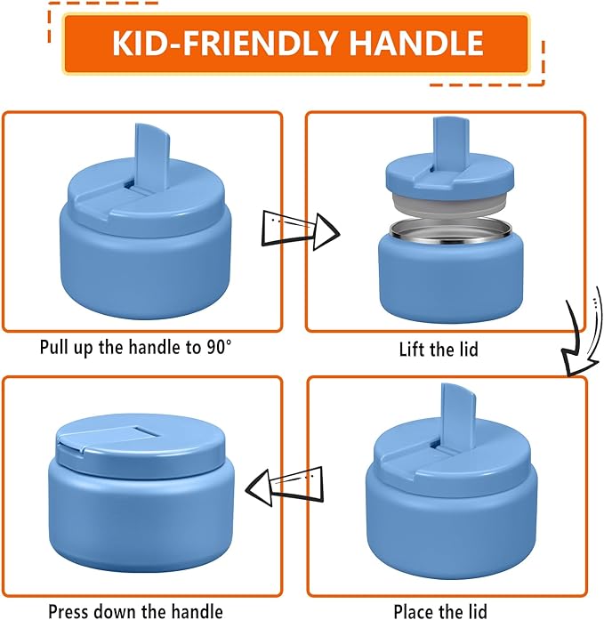 13.5oz Kids Jar for Hot Food, Insulated Vacuum Food Jar with Buckle Lid, Stainless Steel Wide Mouth Leak Proof Insulated Lunch Container for School Picnic Travel, Sky Blue