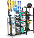 Freestanding Snowboard Rack - Ski Holders for 4 Pairs of Skis, 3 Pack Snowboard, Boot, Pole, Goggles, Helmet and More, Heavy Duty Steel Floor Stand Ski Organizer for Garage, Shed, Basement