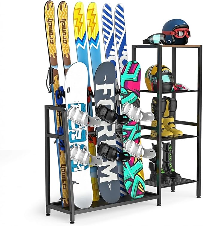 Freestanding Snowboard Rack - Ski Holders for 4 Pairs of Skis, 3 Pack Snowboard, Boot, Pole, Goggles, Helmet and More, Heavy Duty Steel Floor Stand Ski Organizer for Garage, Shed, Basement