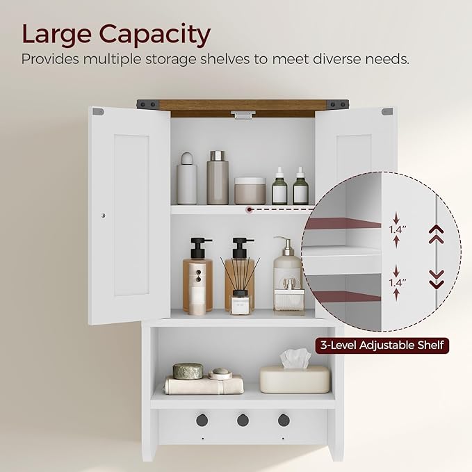 Bathroom Wall Cabinet, Farmhouse Medicine Cabinet with Adjustable Shelf, 3-Tier Wall-Mounted Storage Cabinet with 3 Hooks and Open Shelf, for Bathroom, Living Room, Kitchen, White and Walnut