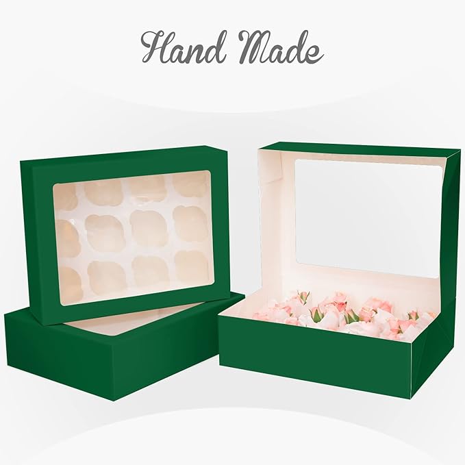 Bakepacker 12 Cupcake Containers 10-Packs Forest Green Cupcake Box Cupcakes Carrier, 12 Cupcake Boxes with Window 13"x10"x3.5"（Auto-pop up）