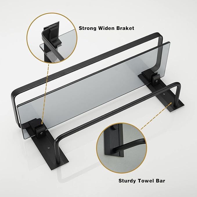 VOLPONE Glass Shelf for Bathroom 15.7 in Black Bathroom Shelves Wall Mounted Tempered Glass Shelving with 2 Removable Hooks (1 Tier)