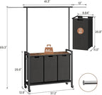 Laundry Basket With Wheels, Wood Shelf, Laundry Sorter With Retractable Hanging Bar, Laundry Hamper 3 Section, 3 × 13 Gal (49.2 L), Rolling Laundry Hamper With Hanging Rack For Laundry Room