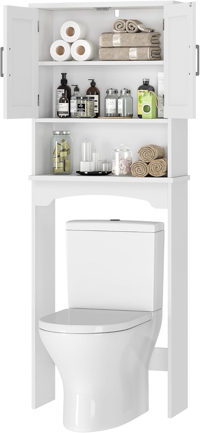 GarveeHome Over The Toilet Storage Cabinet, Double Door Bathroom Storage Organizer with Anti-Tip Device, Small Freestanding Space Saver with Open Shelf, White