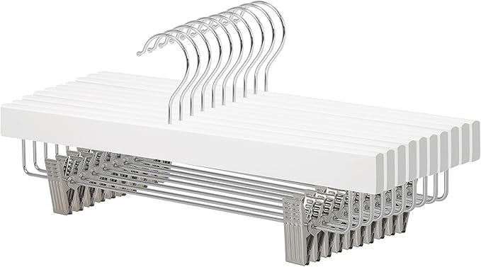 Amazon Basics Durable Wooden Pants and Skirt Hangers with Clips,Closet Organizer,White,(Pack of 60)