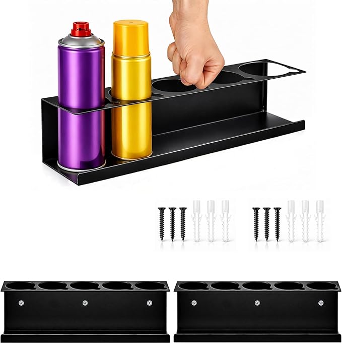 2 Pack Wall-Mounted Spray Bottle Holder, Heavy-Duty Steel Black Aerosol Can Storage Rack with 10 Holes, Spray Paint Can Organizer for Garage, Shop, Home, Tool Trailer & Service Truck