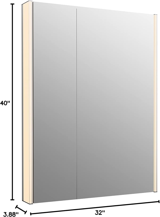 Kohler 81149-SLE-DA1 Maxstow Frameless Two-Door Medicine Cabinet Mirror with Lights, LED Light, Mirror Door & Staggered Shelves, Rectangular Frame, 32 in. W x 40 in. H