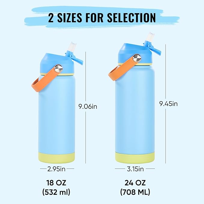 24oz Insulated Stainless Steel Water Bottle, Wide Mouth Double Wall Vacuum, Silicone Straw, Sweat & Leak Proof, BPA Free Insulated Water Flask for Travel, Keep Cold 24h Hot 12h, Cerulean