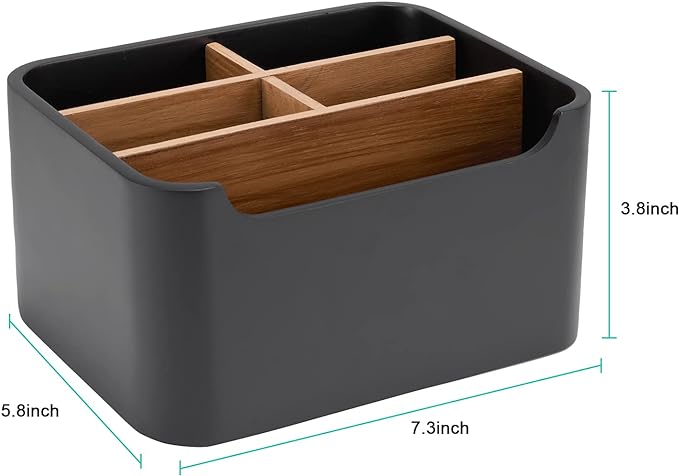 Remote Control Holder with Removable Wood Compartments for Media Devices, Desktop Stationery, and Bedside Nightstands, Black
