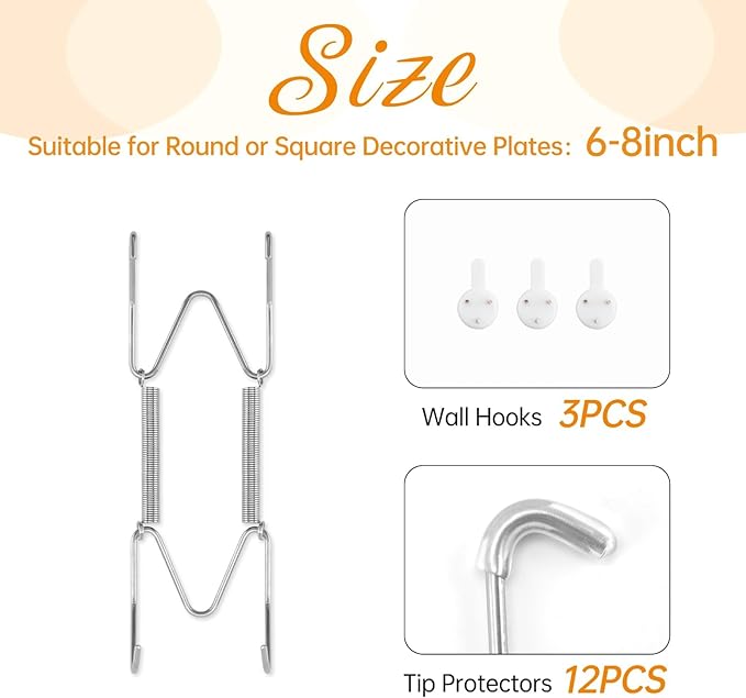 Bilillo 3 Pack Plate Hangers for The Wall, Suitable for 6-8 inch Art Plate, Stainless Steel Invisible Heavy Duty Wire Plate Holder with Wall Hooks, Plate Hangers for Displaying Plates, Silver