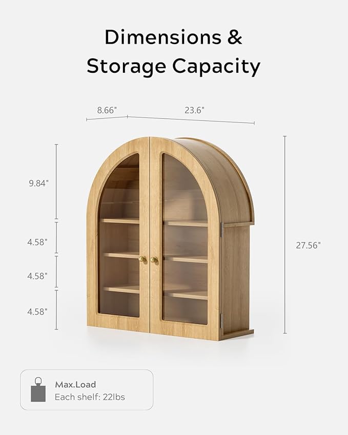 Modern Arched Wall Cabinet, Large Bathroom Medicine Wall Mounted Cupboard, Farmhouse Floating Storage Cabinet with Acrylic Door Adjustable Shelf, Wood Organizer (Natural Oak)
