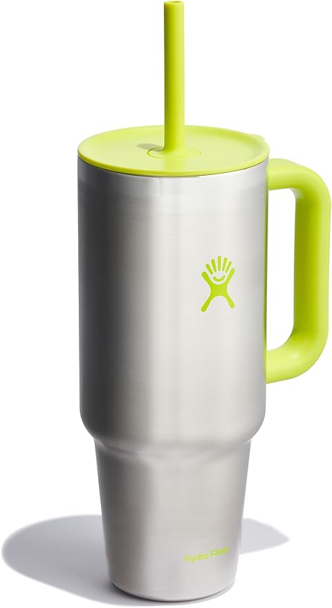 Hydro Flask Travel Tumbler with Handle, Lid and Straw - Insulated Stainless Steel in 40 Oz Stainless Steel Lime