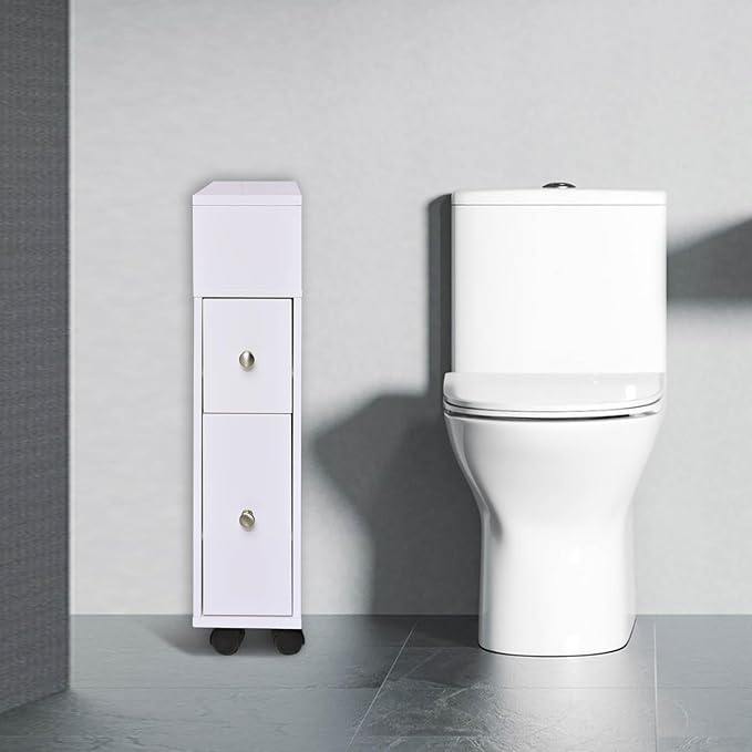 Toilet Paper Storage, Small Bathroom Storage Cabinet, Toilet Paper Holder, Slide Out Drawers and Roller for Small Space, Narrow Floor Bathroom Organizer, White