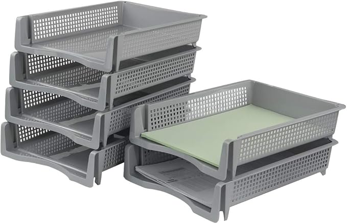 6-Pack Gray Plastic Stackable Paper Letter Tray, Stacking Document Trays