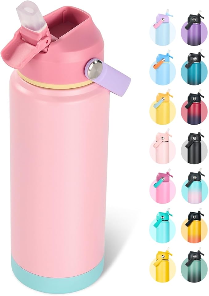 24oz Insulated Stainless Steel Water Bottle, Wide Mouth Double Wall Vacuum, Silicone Straw, Sweat & Leak Proof, BPA Free Insulated Water Flask for Travel, Keep Cold 24h Hot 12h, Cherry