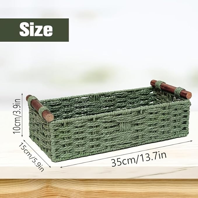 Paper rope storage basket with handle - A decorative green rattan-style multi-purpose storage basket for toilet paper, bathroom supplies and home decoration, suitable for counters or shelves