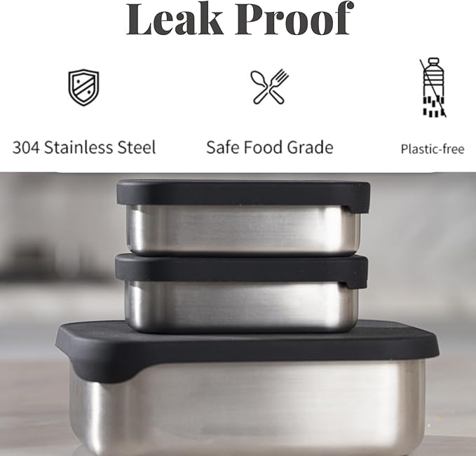 27 OZ Leak proof Stainless Steel Lunch Box containers, Stainless Steel Lunch Containers, Bento box, Metal Lunch Containers, Snacks container, Black, Small - 27 Oz+ 2 * 6.5Oz