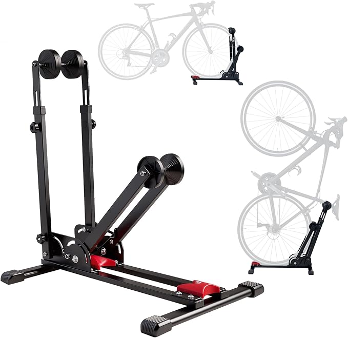 Foldable Vertical & Horizontal Bike Rack - Space-Saving Floor Bike Stand for Garage/Indoor Storage, Tool-Free Assembly Fits 24"-29" Mountain/Road Bikes (66lb Capacity) No Drilling