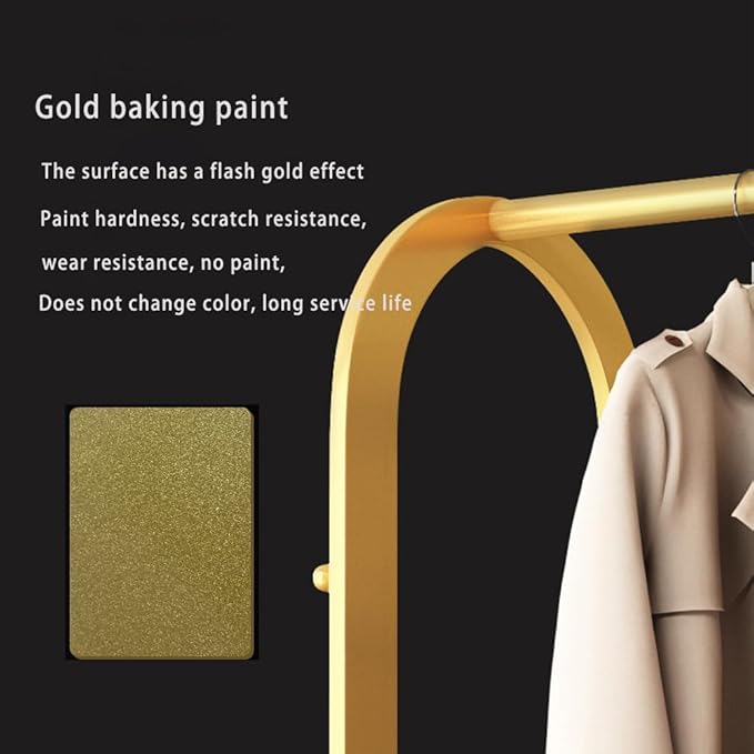 Gold Clothing Rack,Metal Garment Rack with Bottom Storage Shelves and 6 Side Hooks,modern Sturdy clothes racks for hanging clothes,Freestanding Wardrobe Rack for Bedroom or Boutique (L:23.6in)