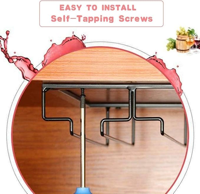 Wine Glass Rack - Under Cabinet Stemware Wine Glass Holder Glasses Storage Hanger 2 Pack Metal Organizer for Bar Kitchen 4 Rows Brown