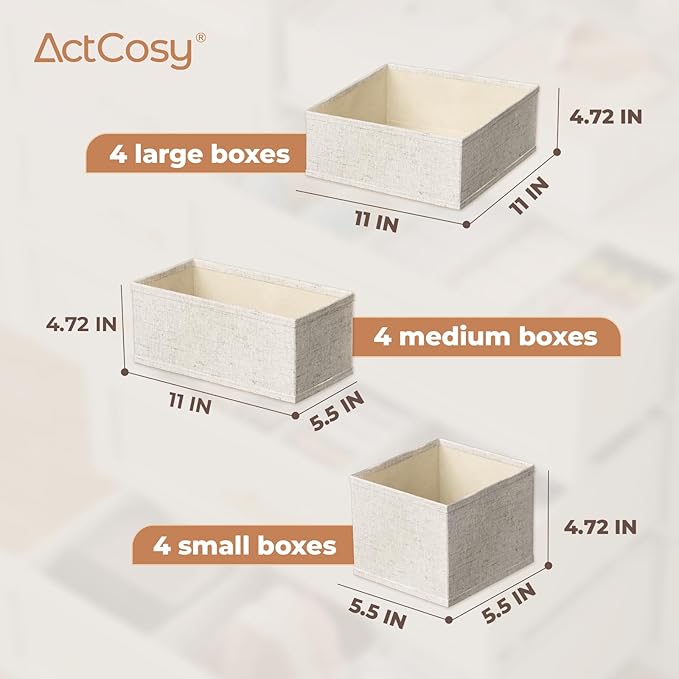12 Pack Drawer Organizer for Baby Clothes, Linen Fabric Nursery Organizer for Baby Diaper, Collapsible Deep Fabric Drawer Organizer with Zipper for Socks, Bra, Towels, Ties, Beige
