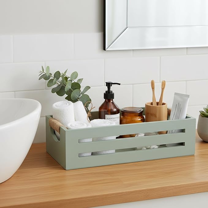 Toilet Paper Storage Box with Handles, Wooden Wicker Toilet Tank Basket, Bathroom Basket Organizer for Countertop, Decorative Wicker Bins for Bathroom or Guest Room-Green