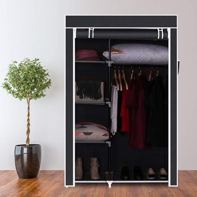 Portable Closet Wardrobe, Closet Storage Organizer Rack with Shelves and Cover for Hanging Clothes, Non-Woven Fabric, Quick and Easy to Assembly (64'', Gray)