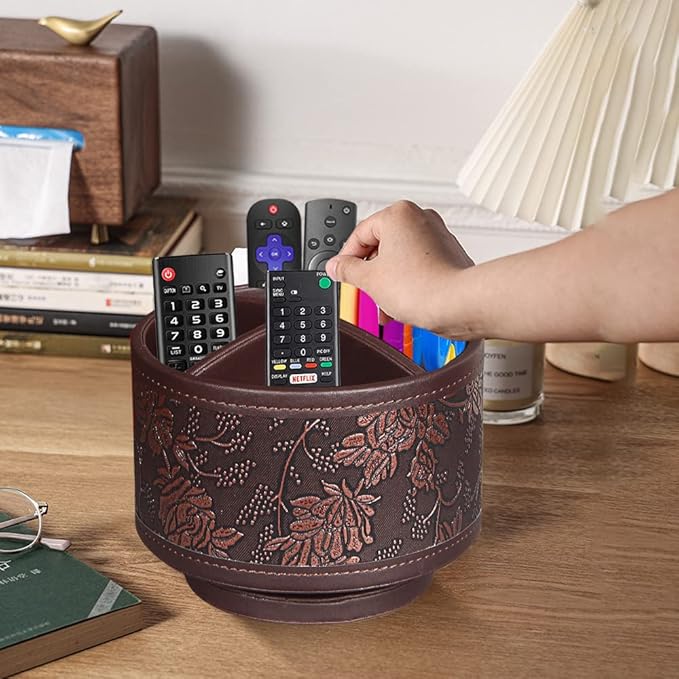 Pen Holder for Desk Organizers and Accessories, 360 Swivel TV Remote Control Holder for Table, Nightstand Organizer Caddy for Art/ Office Supplies/ Stationery, Bedside Decorations for Living Room