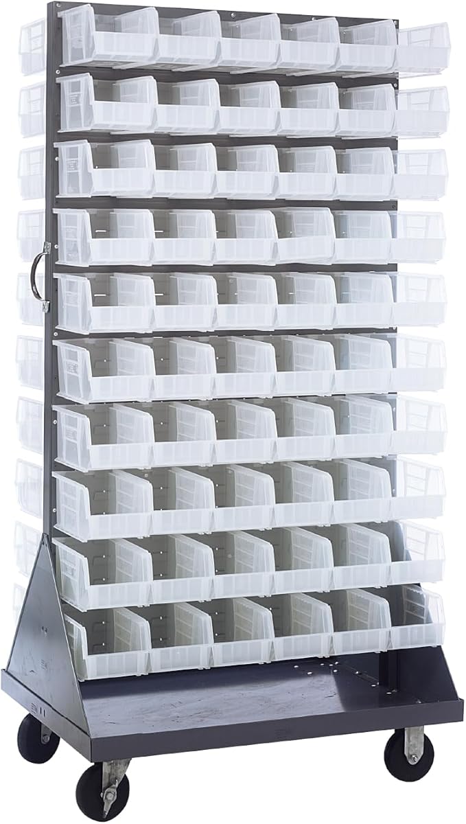 Quantum Storage Systems QMD-36H-230CL Mobile Double Sided Gray Louvered Rack System with Bins, 36” L x 25” W 72” H, Clear