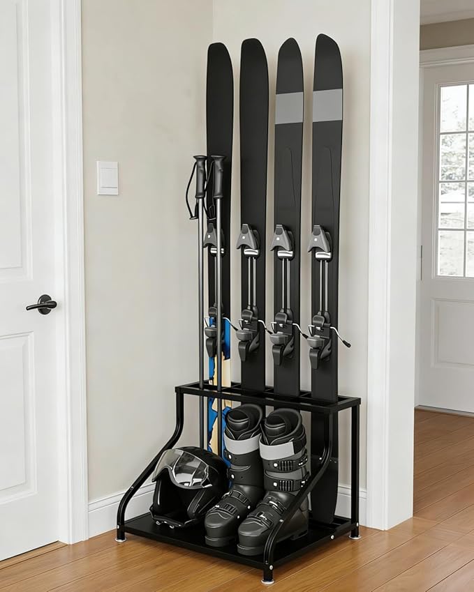 Ski Storage Rack, 23" x 19" x 16", Heavy Duty Freestanding Steel Ski Organizer for 4-Pair Skis, Boots, Poles, Helmet & Goggles, Floor Stand Skis Holder for Garage, Basement & Mudroom