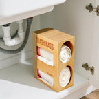 Dual Roll Bamboo Trash Bag Dispenser & Grocery Bag Holder, 2-Compartment Organizer for 13–33 Gallon Rolls (Fits Up to 5.2”Dia), Wall Mount or Under Sink, Stackable Storage