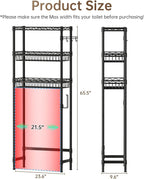 3-Tier Over-The-Toilet Storage Shelf,Heavy-Duty Adjustable Bathroom Rack with 2 Mesh Baskets,Toilet Paper Holder & Hooks,Space-Saving Organizer for Bathroom,10”D x 24”W x 66”H,Black