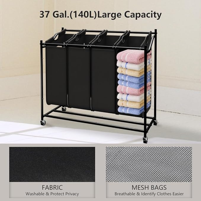 LUCKUP Laundry Sorter 4 Sections with Hanging Bar, 4 Bags Laundry Hamper Rolling Laundry Basket Cart with Lockable Wheels for Laundry Room Bathroom Bedroom, Black