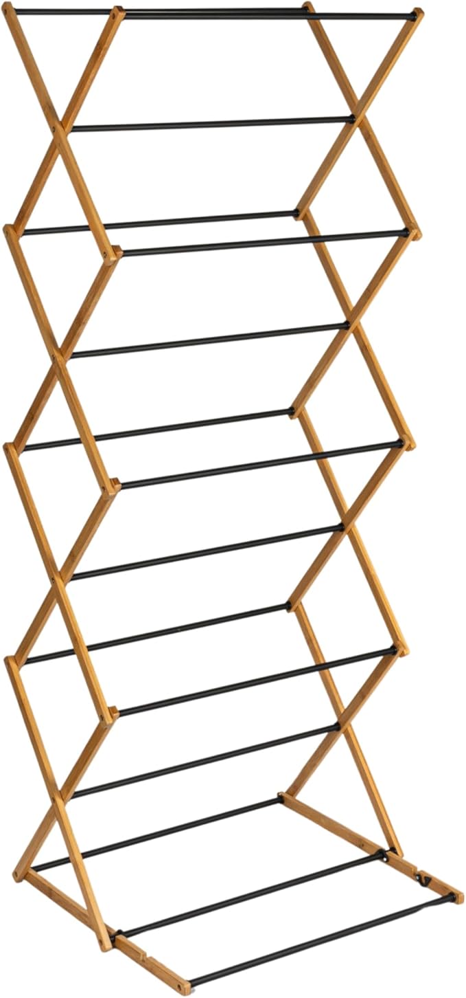 Household Essentials Bamboo Adjustable Folding Clothes Drying Rack, Upscale Laundry Rack with 16 Coated Metal Dowels, Black