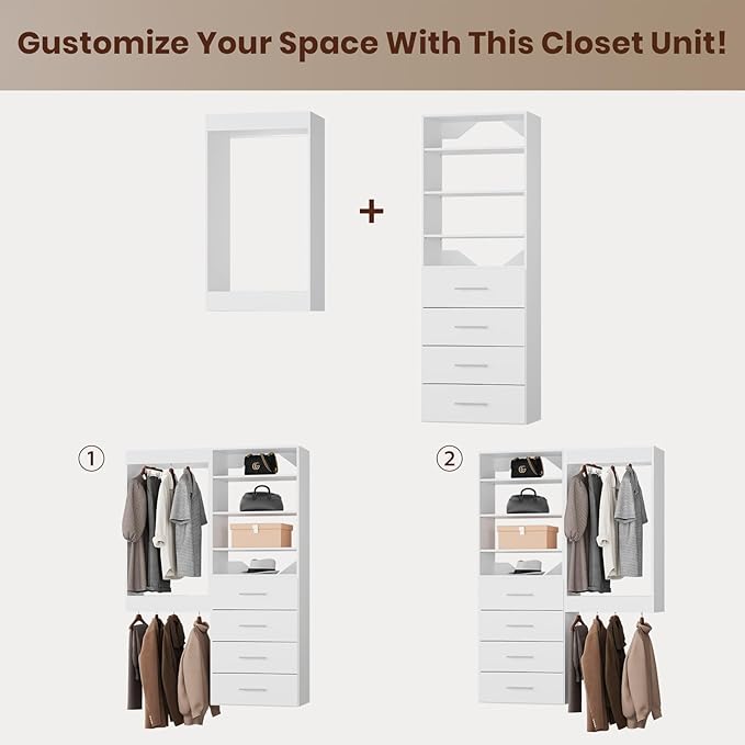 ROOMTEC Modular Closet System, 67" Wall-Mounted Closet Organizer with Drawers and Hanging Rods, Wooden Tower for Walk-In Closets, Wardrobe Storage Kit, White