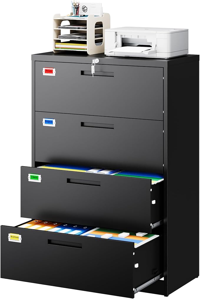 4 Drawer File Cabinet, Lateral Filing Cabinets for Home Office, Office Storage Drawers with Lock, Hanging Files Legal/Letter A4 Size (Assemble Required,Black)