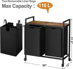 WOWLIVE Double Laundry Hamper with Lid,Rolling Laundry Basket Organizer with Wheels, Iron-Made Laundry Sorter with Top Shelf and 2 Removable Bags,Large Clothes Storage for Room,Black 1