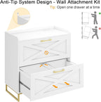 File Cabinet 2 Drawers Lateral File Cabinet with Charging Station for Letter/Legal/A4 Size Hanging Files, Large Wood File Storage Cabinets Printer Stand for Home Office, White and Gold