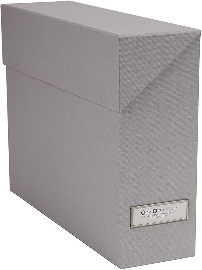Bigso Lovisa Fiberboard Label Frame 12 File Storage Box - Document Organizer for Important Paperwork - Durable Hanging File Box with a Flip Top Lid & Metal Label Window - 3.7 in x 13 in x 9.4in - Grey