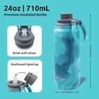 GREYLOCK 24 oz Insulated Water Bottle with Straw Lid, Leakproof Reusable Stainless Steel Vacuum Flask, 24hr Cold & Hot, Carry Handle & Silicone Spout, BPA-Free for Gym, Hiking, Travel,Blue