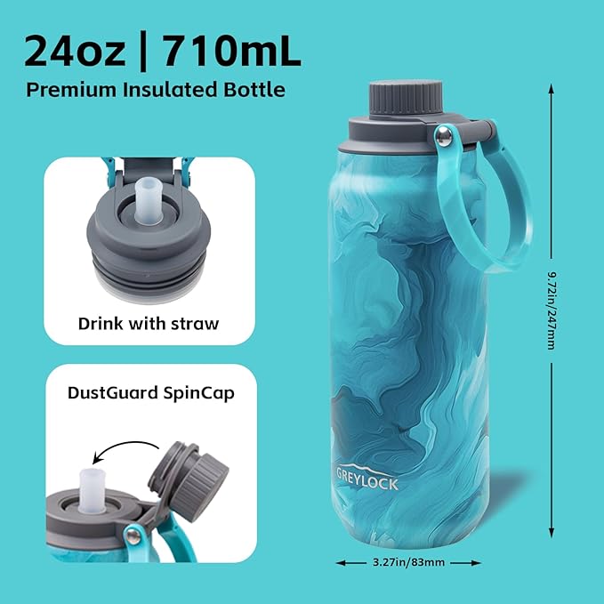GREYLOCK 24 oz Insulated Water Bottle with Straw Lid, Leakproof Reusable Stainless Steel Vacuum Flask, 24hr Cold & Hot, Carry Handle & Silicone Spout, BPA-Free for Gym, Hiking, Travel,Blue