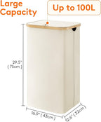 Lifewit 100L Laundry Basket with Lid, Clothes Hampers for Laundry with Bamboo Handles and 1 Removable Bag, Large Foldable Laundry Hamper for Bedroom, Bathroom, Dorm, Laundry Room, White