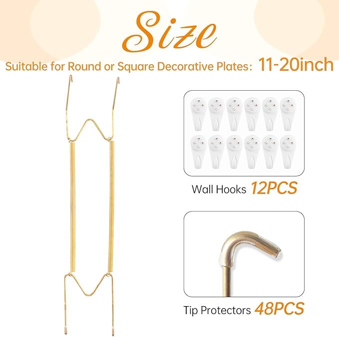 Bilillo 12 Pack Plate Hangers for The Wall, Suitable for 16-20 inch Art Plate, Stainless Steel Invisible Heavy Duty Wire Plate Holder with Wall Hooks, Plate Hangers for Displaying Plates