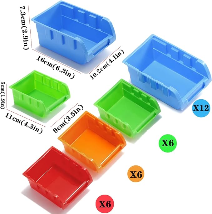 Wall Mounted Storage Bins Parts Rack 4 Colors Garage Plastic Shop Tool Organizer, ABS Plastic Garage Rack, Screw Storage 30 Bins