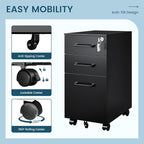 MIIIKO File Cabinet 3 Drawers on Wheels Under Desk, Black Metal File Cabinets with Lock for Home Office, Filing Cabinet with Lock(Un-Assembled)