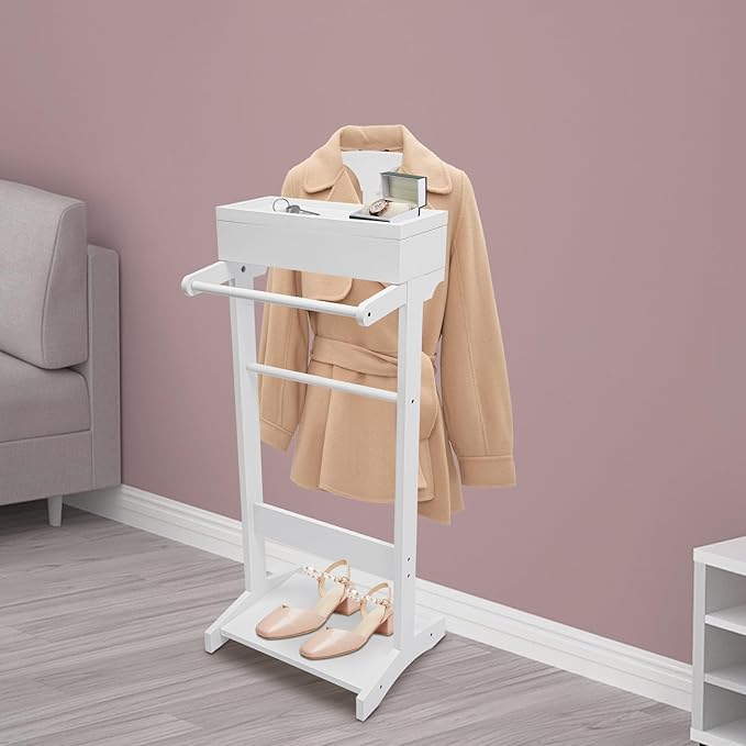 Suit Valet Stand for Men&Women, Wood Suit Rack Stand with Top Tray, Freestanding Clothing Valet Stand-22.05lbs Capacity for Home Entryway Living Room Office (White)