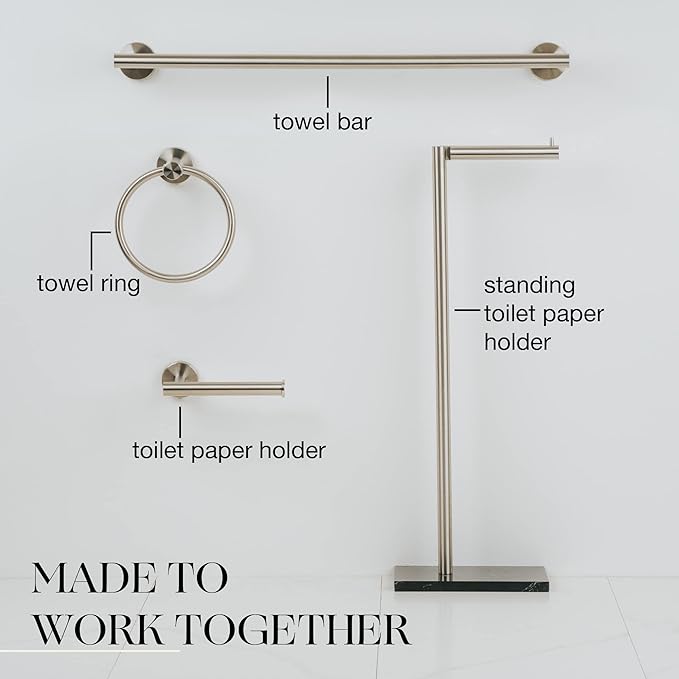 MARMOLUX ACC Free Standing Brushed Nickel Toilet Paper Holder Stand - 4 Jumbo Roll Bathroom Hardware - Standing Toilet Paper Holder - Stainless Steel Toilet Paper Stand - Brushed Steel/Black Marble