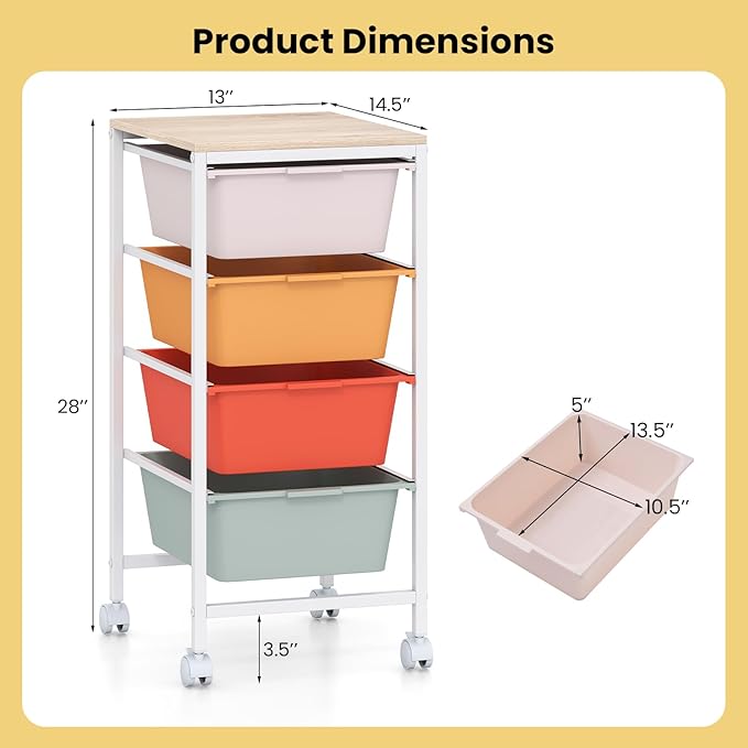 GOFLAME 4-Drawer Rolling Storage Cart, Craft Storage Cart with Wooden Tabletop and Lockable Wheels, Art Cart Supply Storage Organizer with Metal Frame for Home Office Classroom, Macaron Color